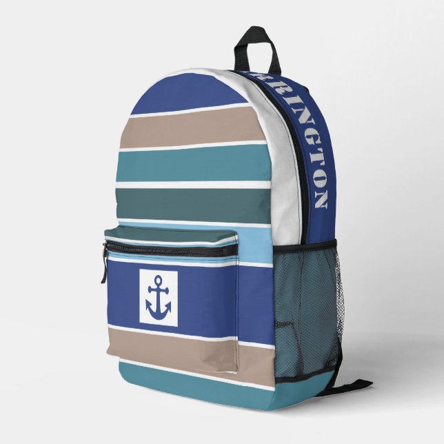 Custom Name Nautical Stripes Printed Backpack (Back Corner Right)