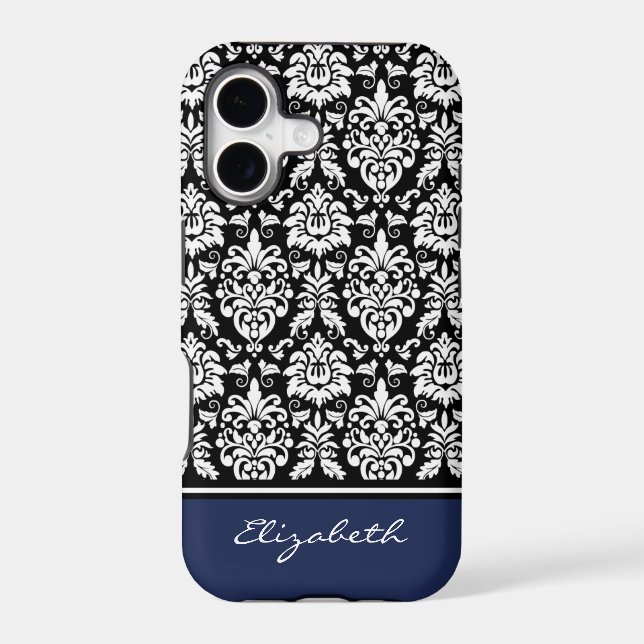 Custom Name Navy Black White Damask (Back)
