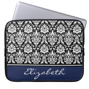 Custom Name Navy Black White Damask Laptop Sleeve