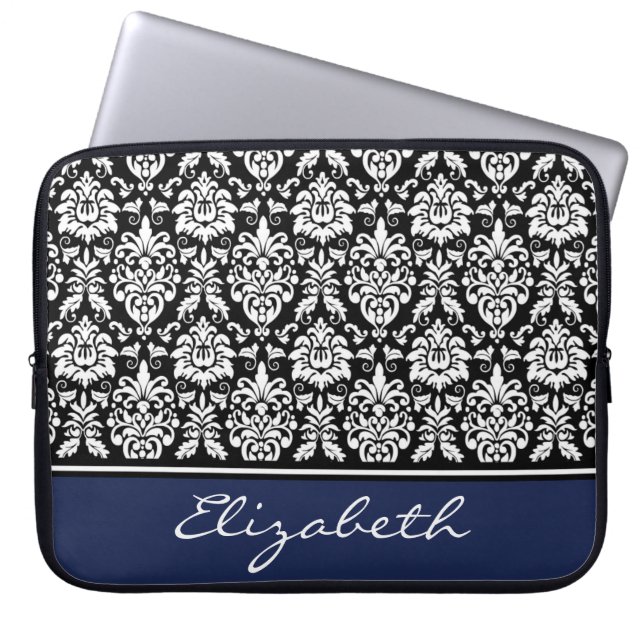 Custom Name Navy Black White Damask Laptop Sleeve (Front)