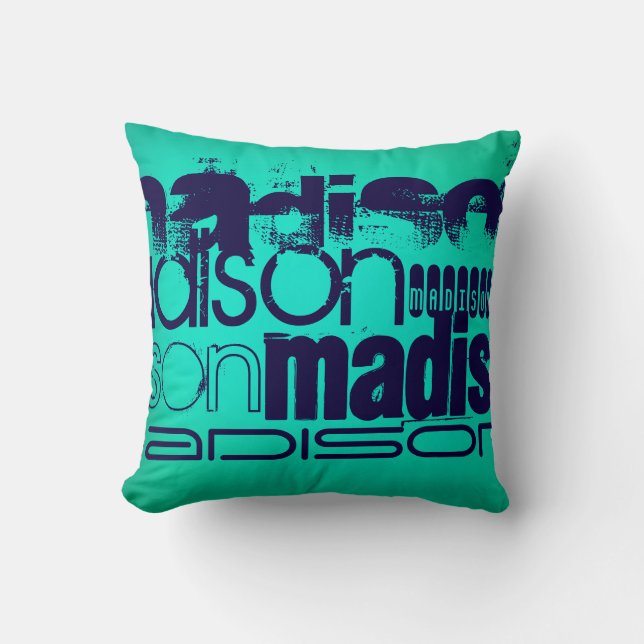 Custom Name; Navy Blue and  Neon Aqua Turquoise Throw Pillow (Front)