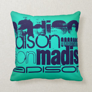 Custom Name; Navy Blue and  Neon Aqua Turquoise Throw Pillow