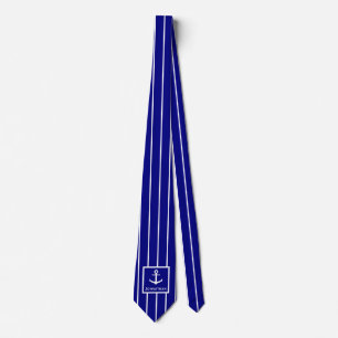 Custom Name Navy Blue and White Anchor Tie