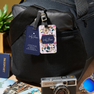 Custom Name Navy Blue Floral Abstract Script Name Luggage Tag
