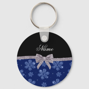 Custom name navy blue glitter flowers silver bow keychain