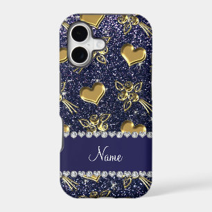 Custom name navy blue glitter gold roses hearts