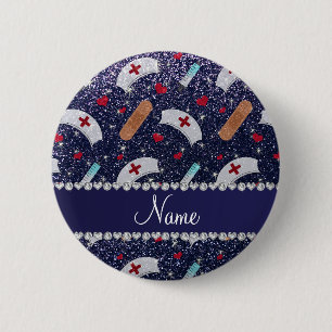 Custom name navy blue glitter nurse hats heart 2 inch round button