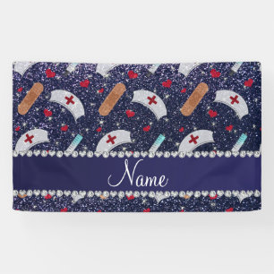 Custom name navy blue glitter nurse hats heart banner