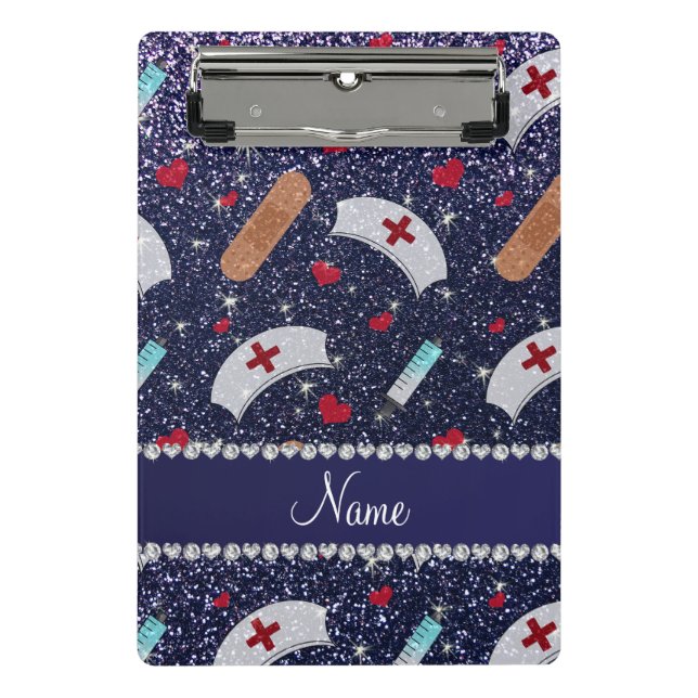 Custom name navy blue glitter nurse hats heart mini clipboard (Front)