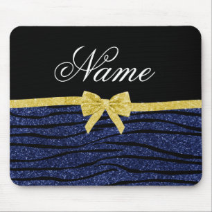Custom name navy blue glitter zebra stripes bow mouse pad