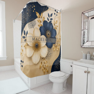 Custom Name Navy Blue & Gold Botanical Floral