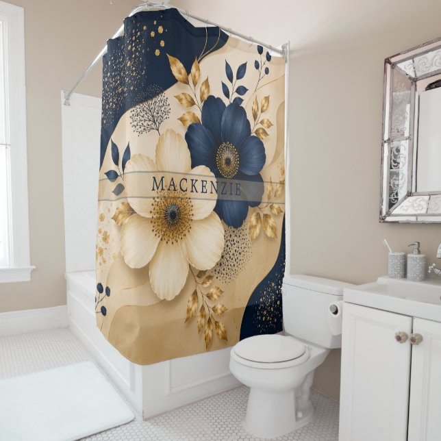 Custom Name Navy Blue & Gold Botanical Floral (In Situ)