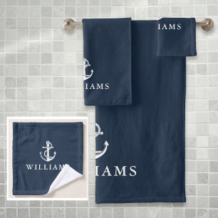 Custom Name Navy Blue Nautical Boat Anchor Bath Towel Set