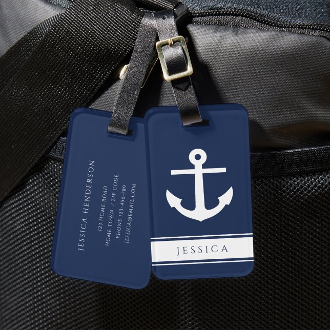 Custom Name Navy Blue Nautical Luggage Tag  (Nautical Anchor Custom Name Navy Blue Luggage Tag)