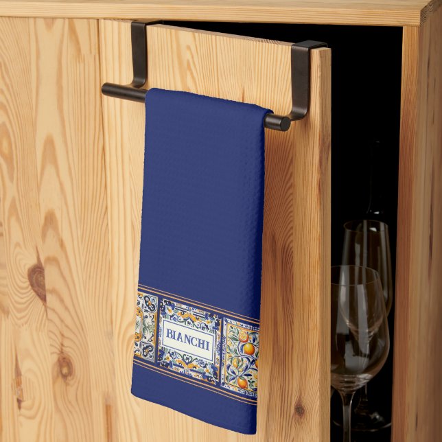 Custom Name Navy Blue & Yellow Mediterranean Tile Kitchen Towel (Thirds Fold)