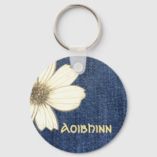 Custom Name Navy flower pattern Button Key Ring