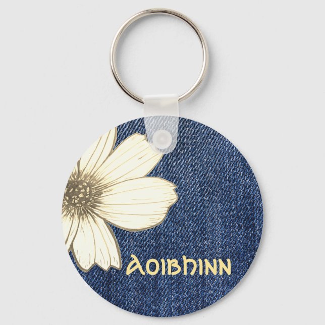 Custom Name Navy flower pattern Button Key Ring (Front)