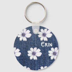 Custom Name Navy flower pattern Button Key Ring