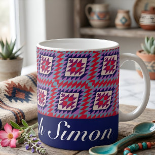 Custom Name Navy & Red Boho Modern Quilt Design Coffee Mug
