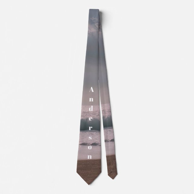 Custom Name Neck Tie with seashore beach backdrop (Front)