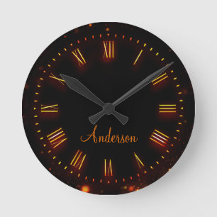 Custom Name Neon Black Classic Elegant Roman Round Clock