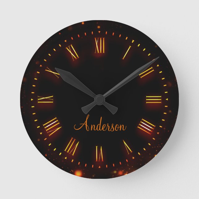 Custom Name Neon Black Classic Elegant Roman Round Clock (Front)