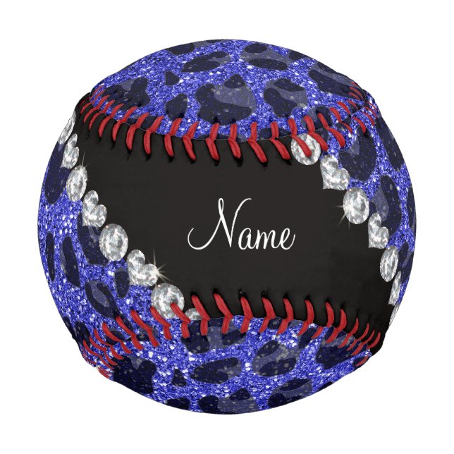 Custom name neon blue glitter leopard print baseball (Front)