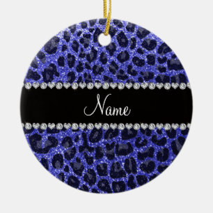 Custom name neon blue glitter leopard print ceramic ornament
