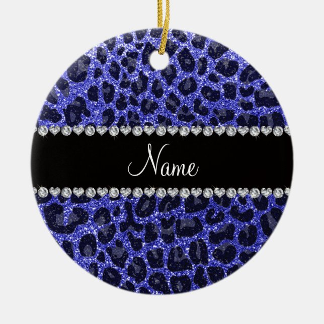 Custom name neon blue glitter leopard print ceramic ornament (Front)