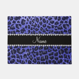 Custom name neon blue glitter leopard print doormat