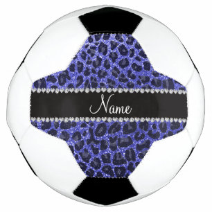 Custom name neon blue glitter leopard print soccer ball