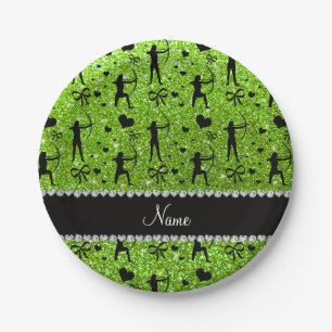 Custom name neon green glitter archery paper plate