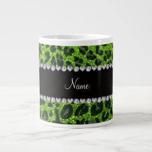 Custom name neon green glitter leopard print large coffee mug