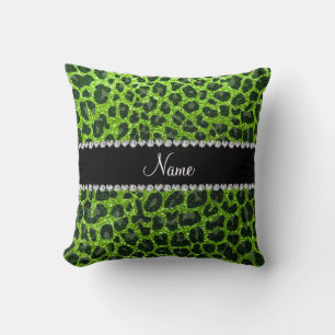 Custom name neon green glitter leopard print throw pillow