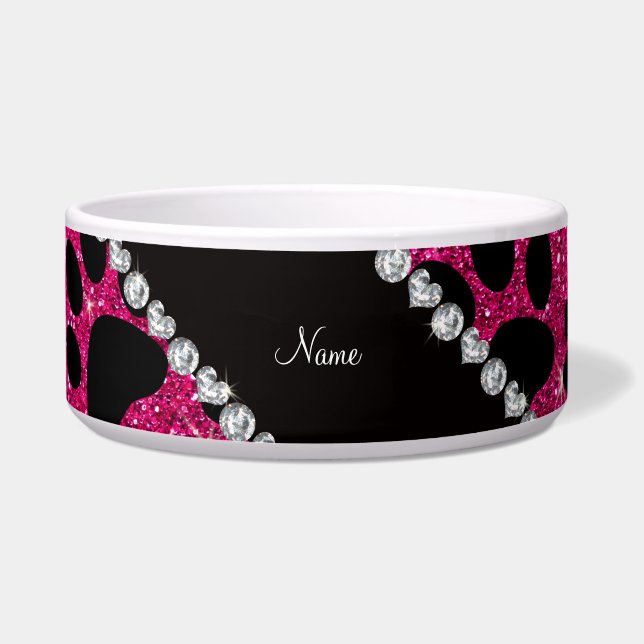 Custom name neon hot pink glitter black dog paws (Front)