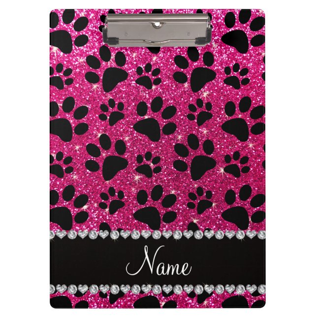 Custom name neon hot pink glitter black dog paws clipboard (Front)