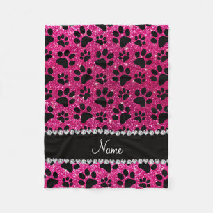 Custom name neon hot pink glitter black dog paws fleece blanket