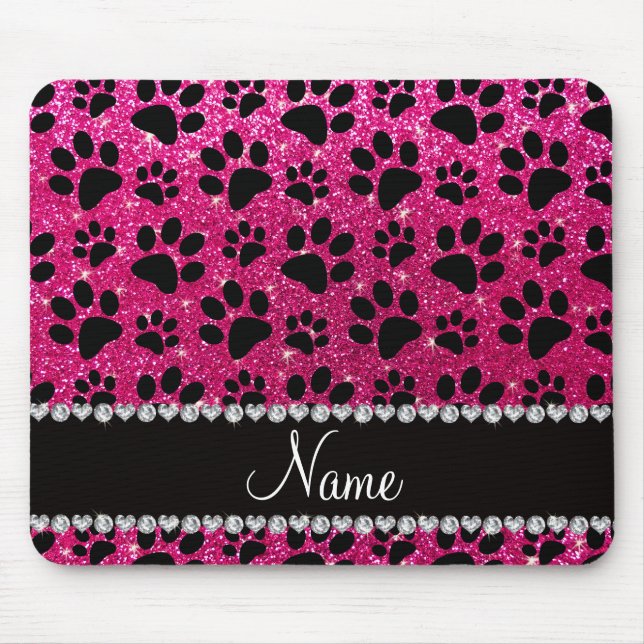 Custom name neon hot pink glitter black dog paws mouse pad (Front)