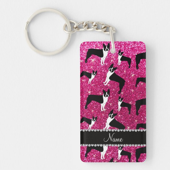 Custom name neon hot pink glitter boston terrier keychain (Front)