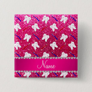 Custom name neon hot pink glitter brushes tooth 2 inch square button