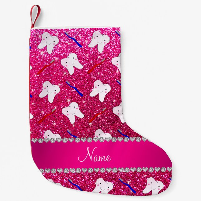 Custom name neon hot pink glitter brushes tooth small christmas stocking (Front)