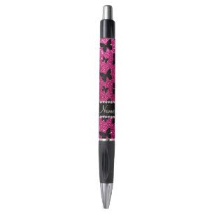 Custom name neon hot pink glitter butterflies pen