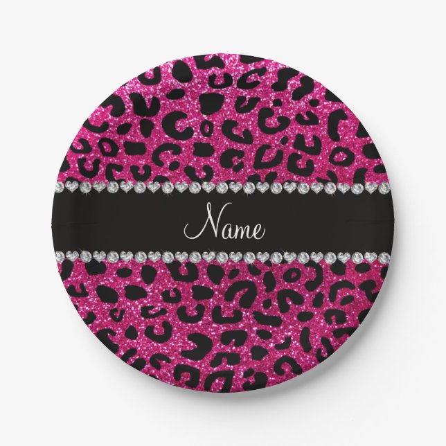 Custom name neon hot pink glitter cheetah print paper plate (Front)
