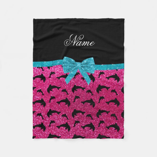 Custom name neon hot pink glitter dolphins bow fleece blanket (Front)