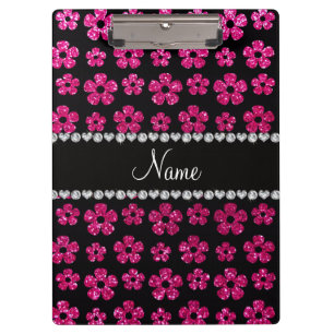Custom name neon hot pink glitter flowers clipboard