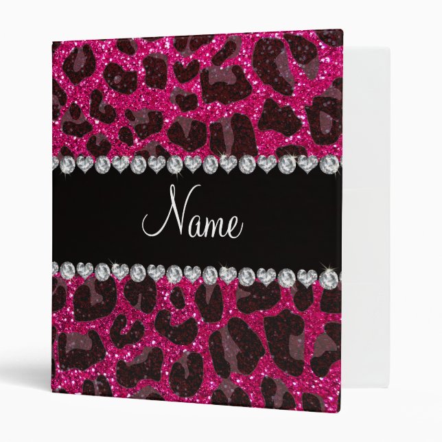 Custom name neon hot pink glitter leopard print binder (Front/Inside)