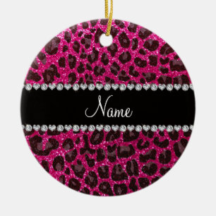 Custom name neon hot pink glitter leopard print ceramic ornament