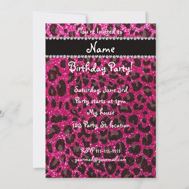 Custom name neon hot pink glitter leopard print invitation (Front)