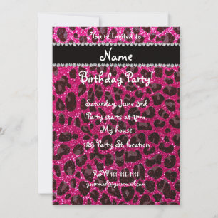 Custom name neon hot pink glitter leopard print invitation