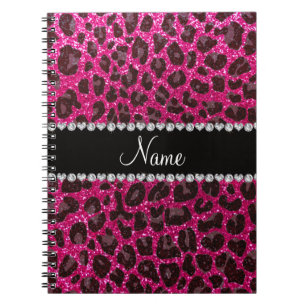 Custom name neon hot pink glitter leopard print notebook